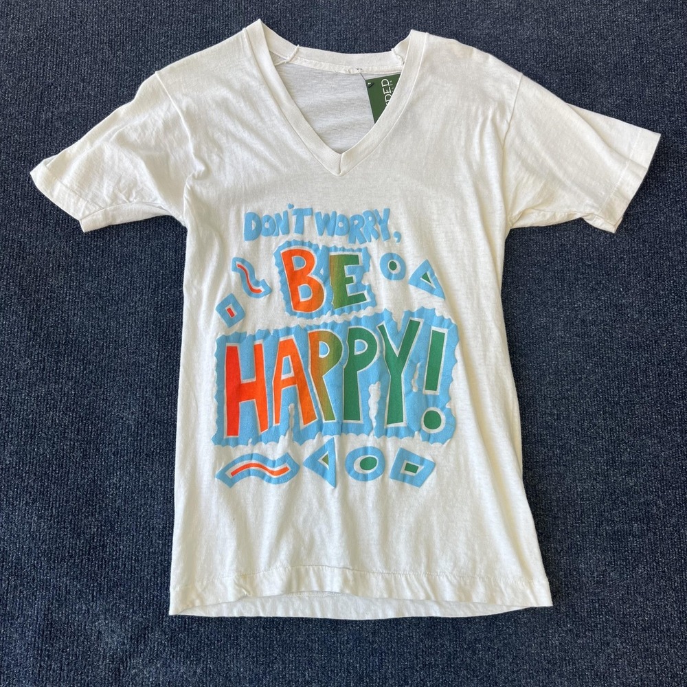 Vintage Don't Worry Be Happy Shirt Mens Medium White 80s Style Graphic Tee